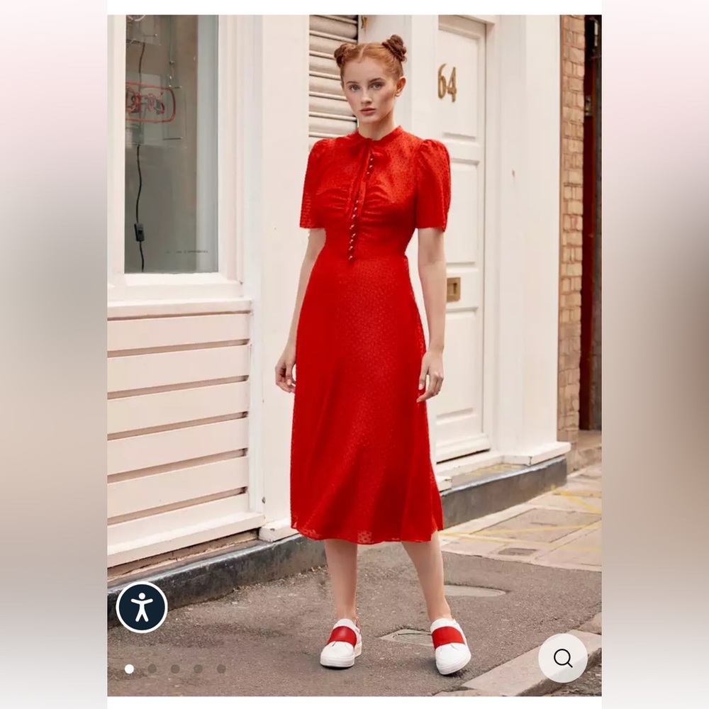 LK Bennett Sina Red Silk Polka Dot Midi Shirt Dress Size US 10